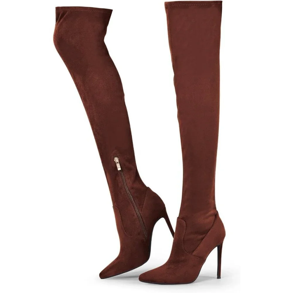 Women Brown Suede Pointed Toe 4.3 inch Stilettos Thigh High Stretch Heels Boots